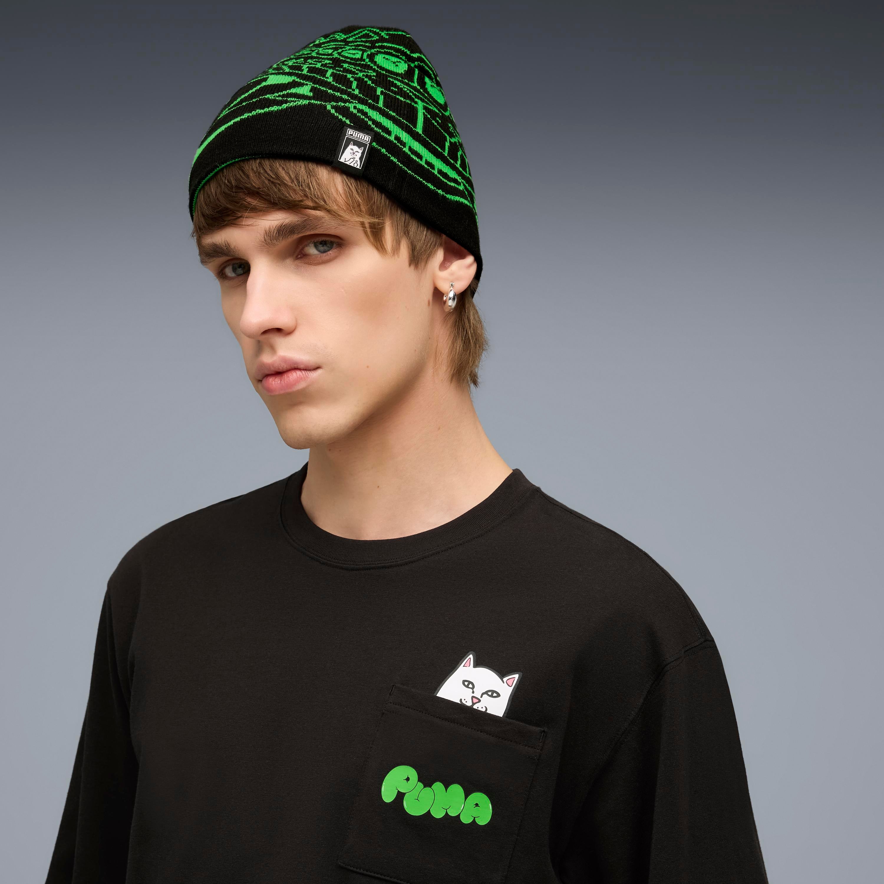 RIPNDIP PUMA x RIPNDIP Reversable Skull Beanie (PUMA Black-Fluro Green Pes)