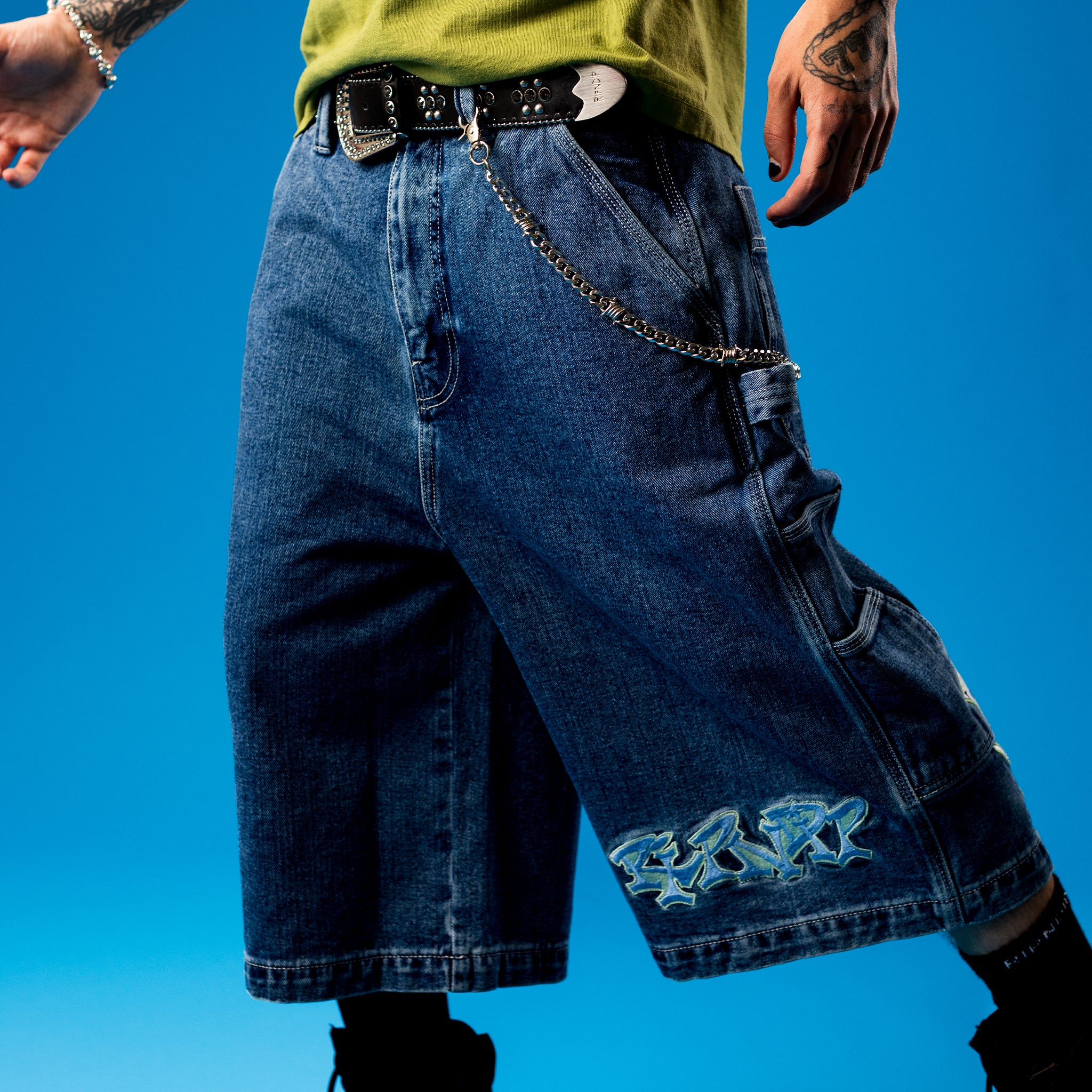 RIPNDIP Ace Ultra Wide Leg Shorts (Medium Wash)