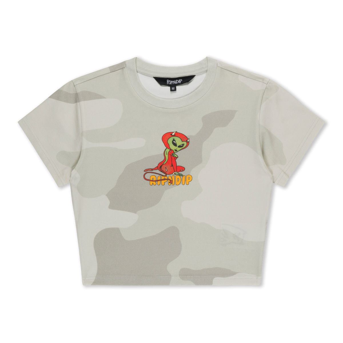 RIPNDIP Devil Alien Cropped Baby Tee (Bone Graffiti Camo)