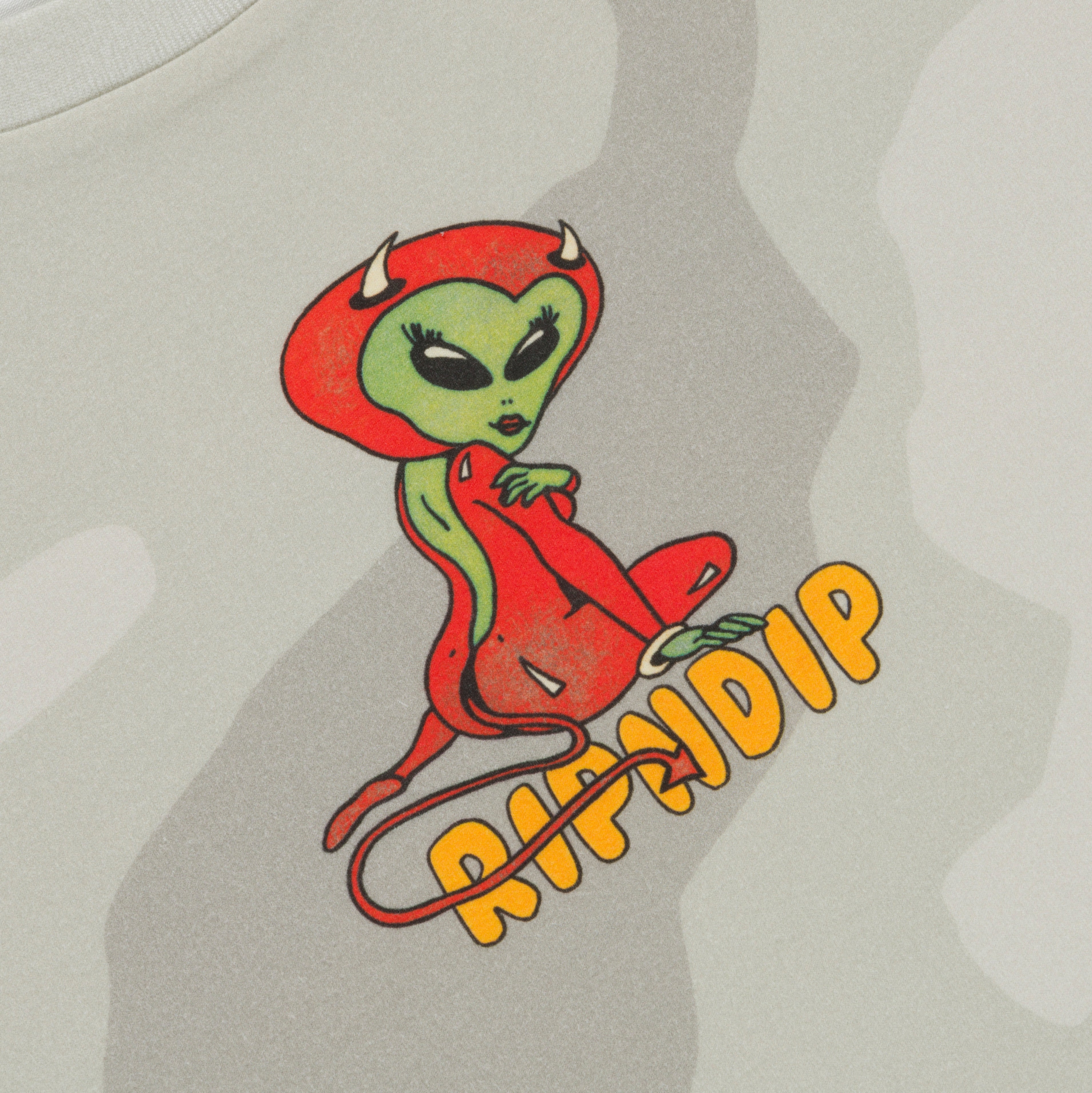 RIPNDIP Devil Alien Cropped Baby Tee (Bone Graffiti Camo)