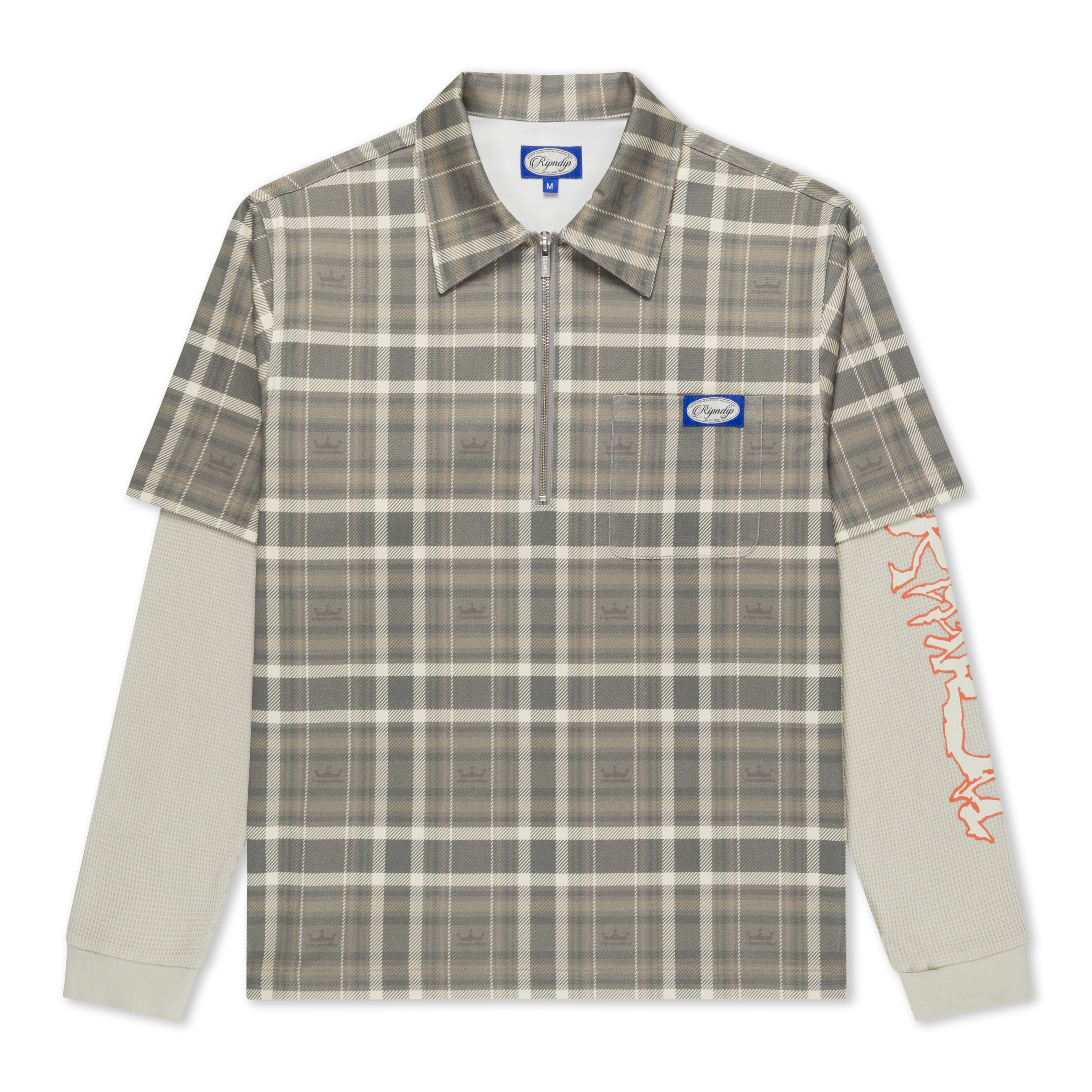 RIPNDIP Pacific Beach Half Zip Double Sleeve Tee (Tan Plaid)