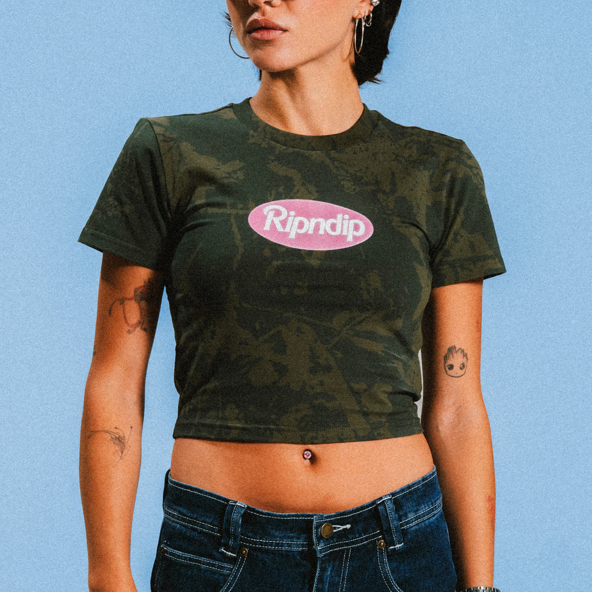RIPNDIP Out Here Tour Cropped Baby Tee (Forest Camo)