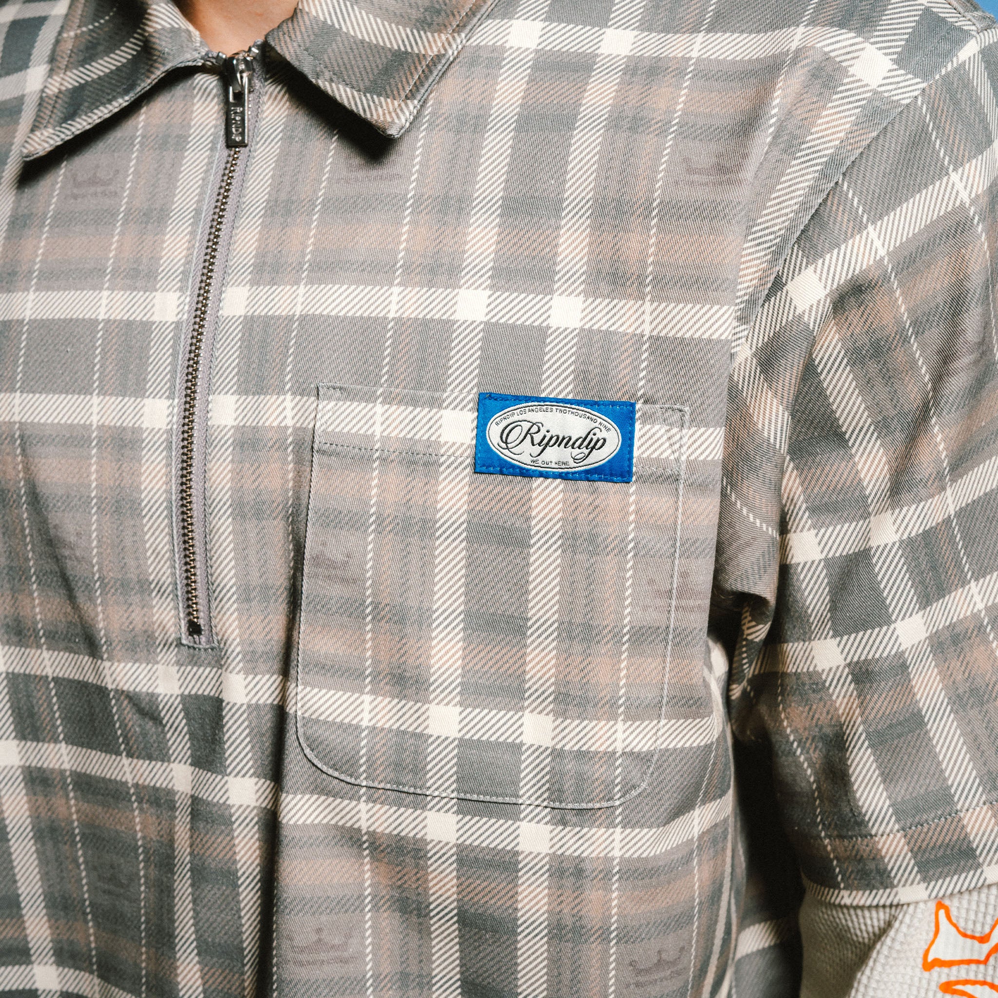RIPNDIP Pacific Beach Half Zip Double Sleeve Tee (Tan Plaid)