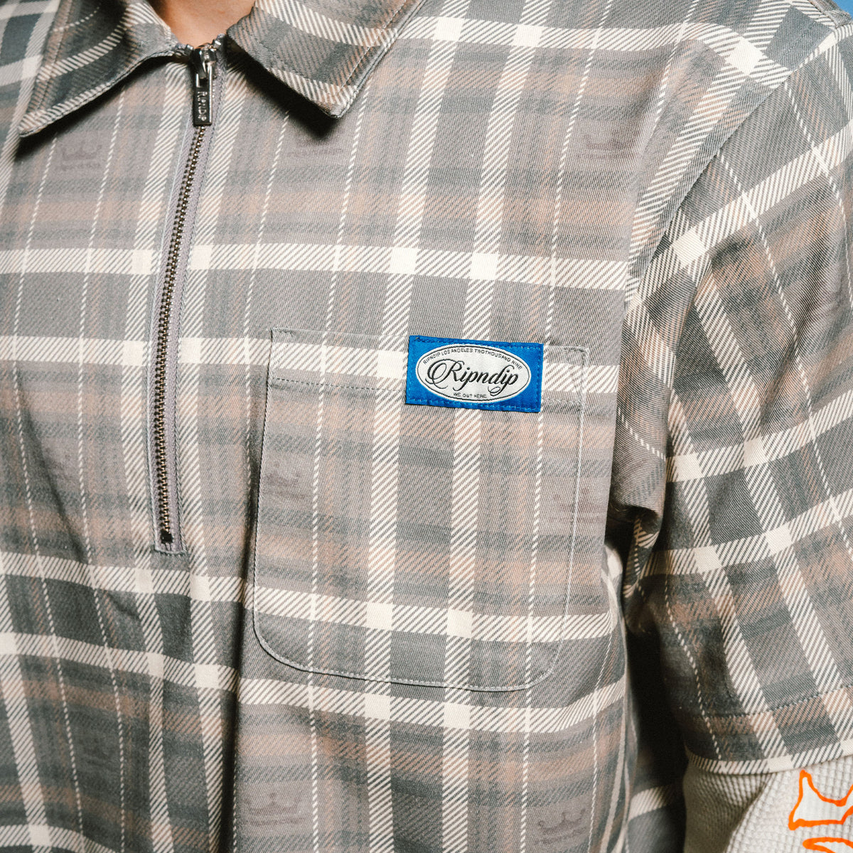 RIPNDIP Pacific Beach Half Zip Double Sleeve Tee (Tan Plaid)