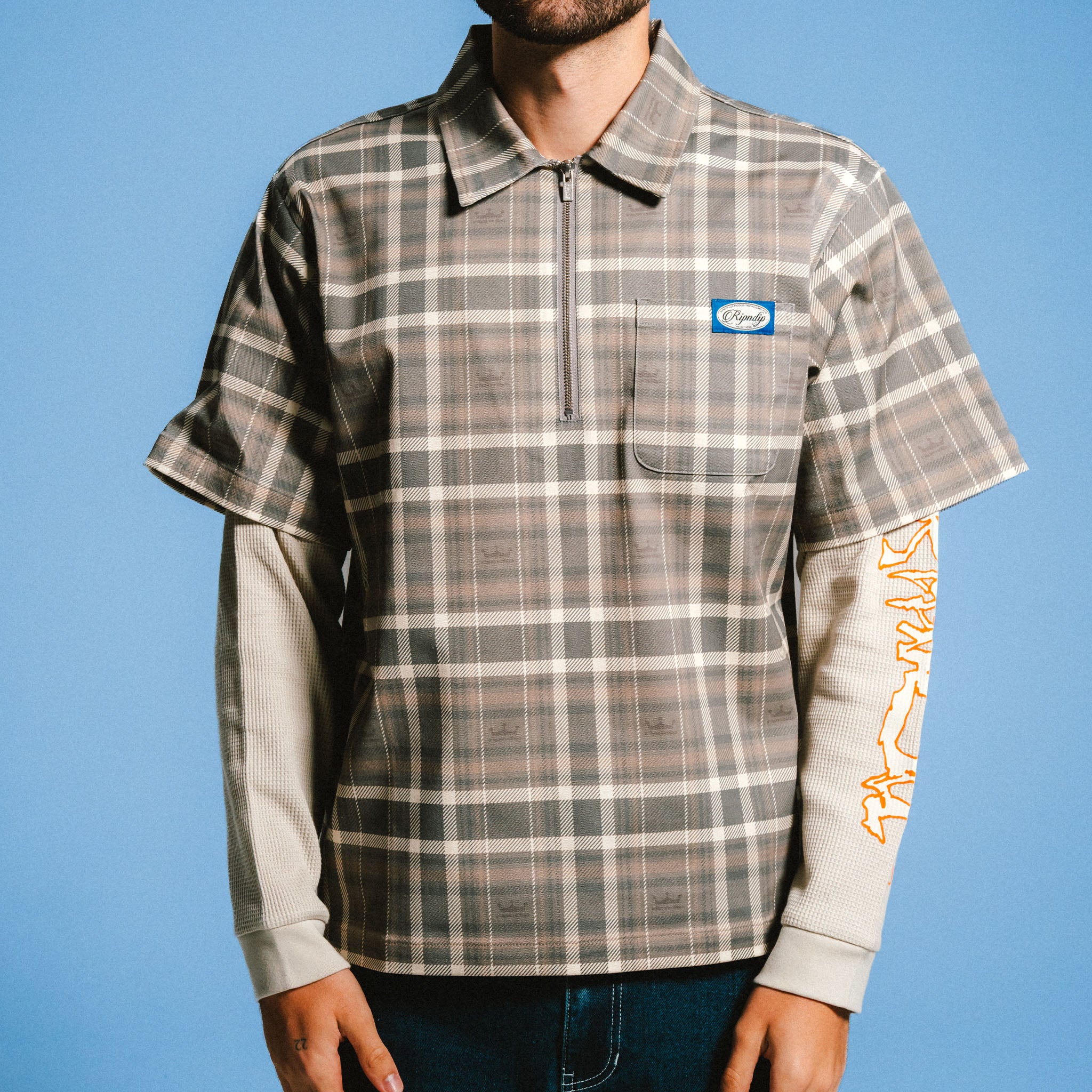 RIPNDIP Pacific Beach Half Zip Double Sleeve Tee (Tan Plaid)