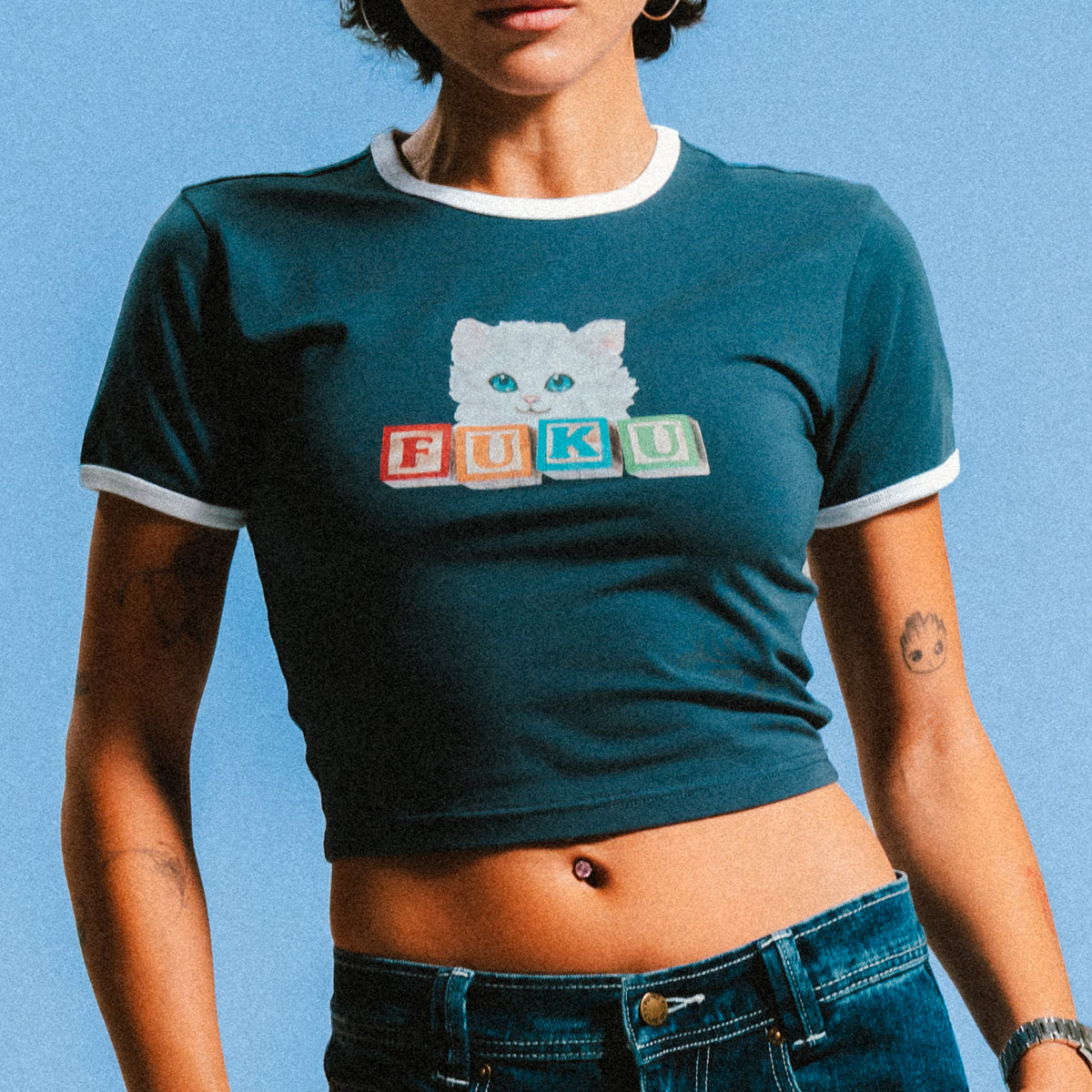 RIPNDIP Fuku Cropped Baby Ringer Tee (Navy / White)
