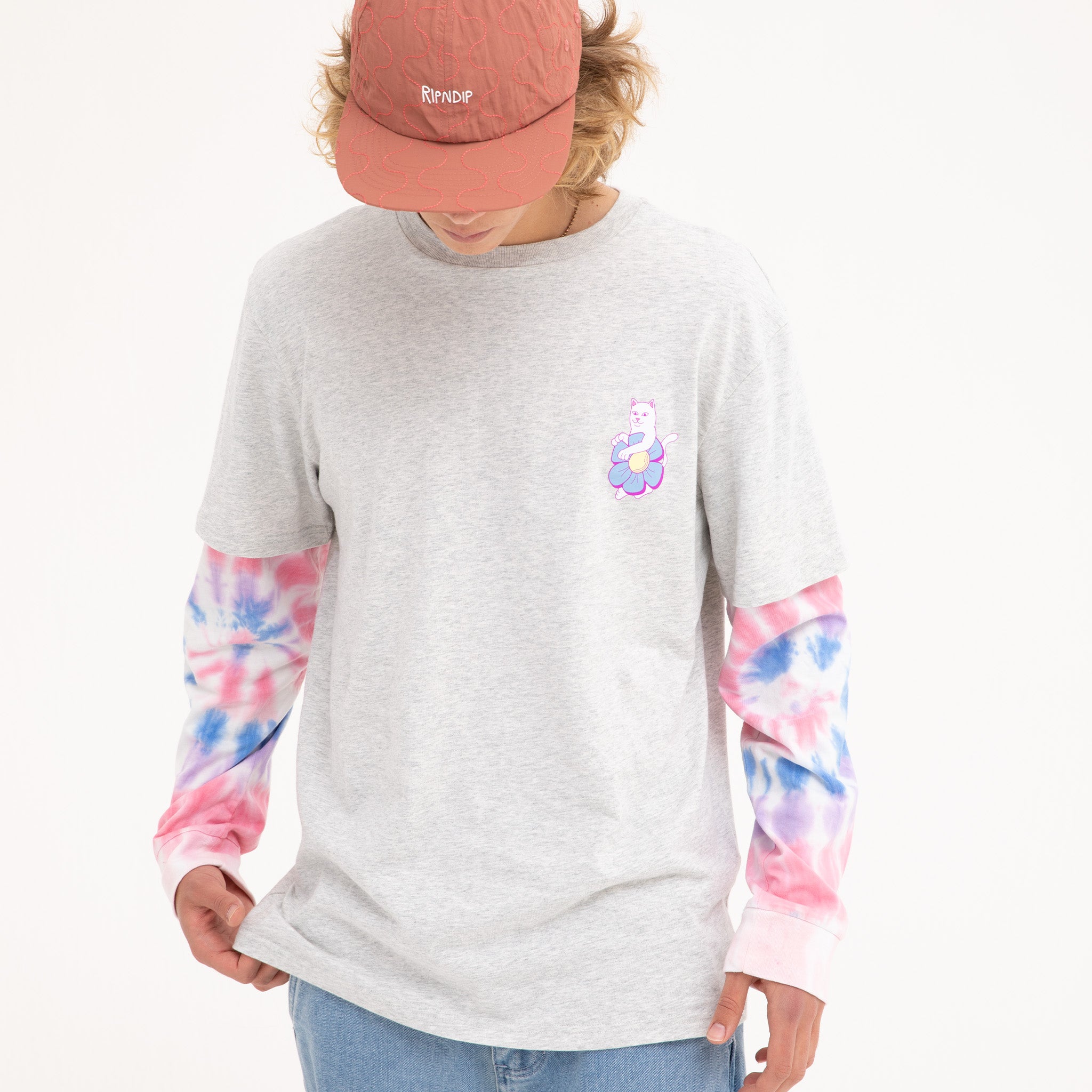 RIPNDIP Nature Is Healing Double Sleeve Tee (Ash Heather/Pink)